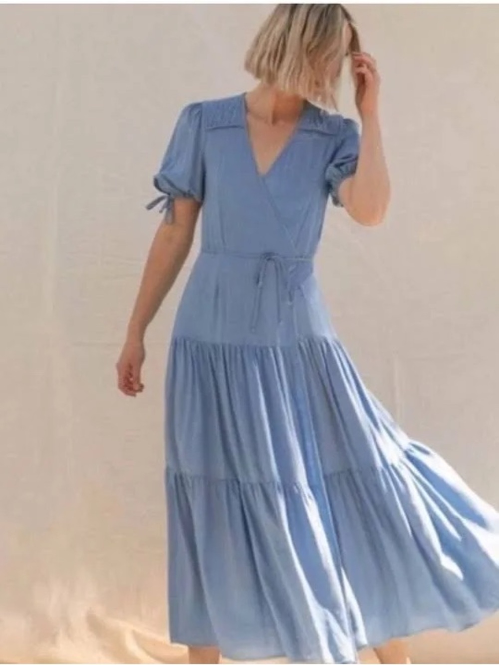 Light Blue Wrap Tiered Midi Dress by Christy Dawn